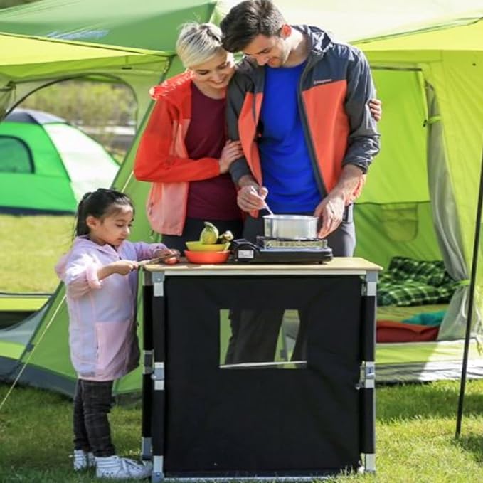 KingCamp Bamboo Camp Kitchen Station, Folding Overland Camping Kitchen Table Hooks Portable Outdoor Cooking with Adjustable Lantern Pole & Windshield Storage Organizer for Tailgating BBQ Picnic RV
