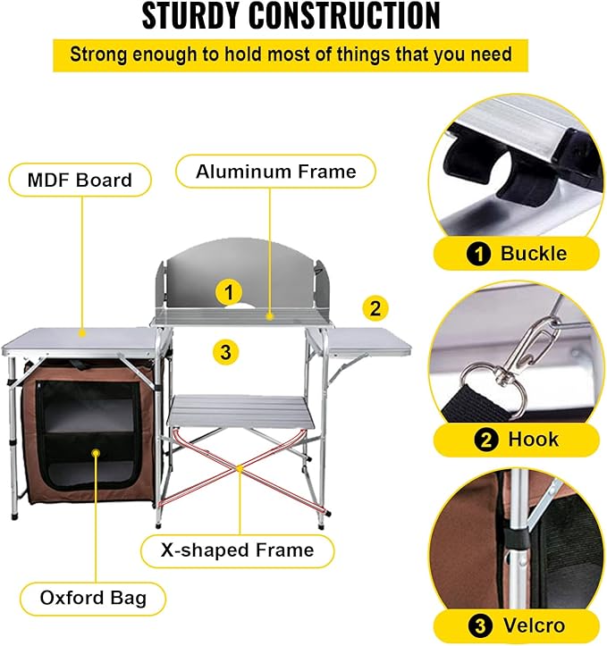 VEVOR Camping Kitchen Table, Aluminum Portable Folding Camp Cook Station with Windscreen, Cupboard, Storage Organizer, Carrying Bag, Quick Installation for Outdoor Picnic Beach BBQ RV Traveling, Brown