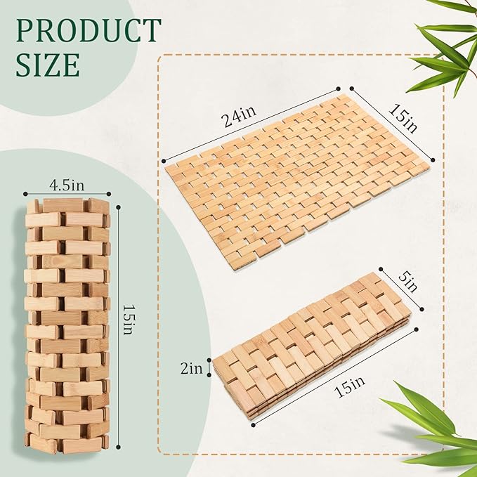 downluxe Bamboo Bath Mat for Bathroom - Waterproof Bamboo Shower Mat Non Slip, Foldable Bathroom Floor Mat for Indoor & Outdoor (Natural Color, 15" X 24", Small)