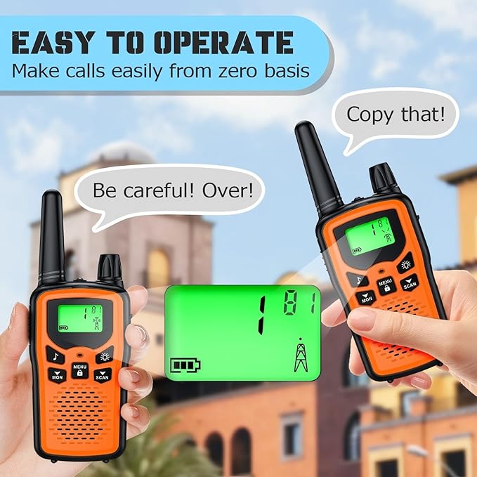 Walkie Talkie Long Range Walkie talkies with Rechargegable for Adults, 22 Channel FRS 2-Way Radios Walky Talky with LED Flashlight for Climbing, Camping Trip and Family Emergency Kit(2 Pack Orange).