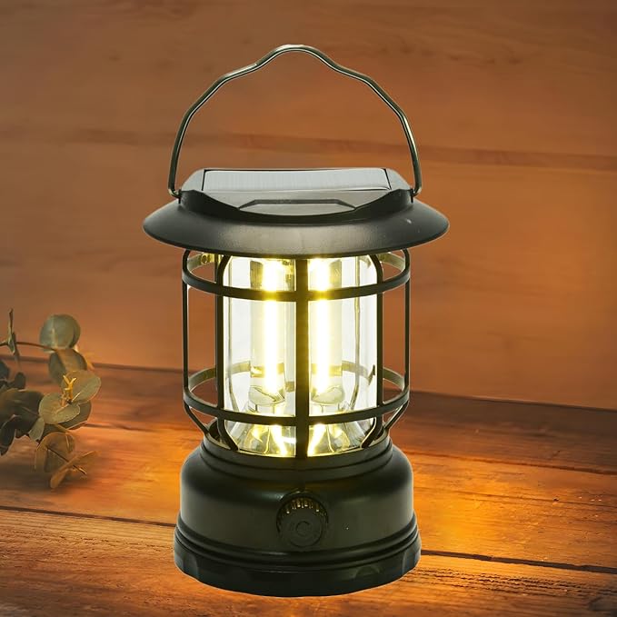 Solar Camping Lantern, USB Rechargeable Retro Dimmable Horse Camp Lamp Outdoor IPX4 Waterproof Vintage Portable Tent Light for Indoor Outages Hiking Emergency, Black