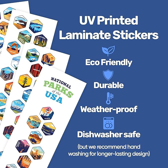 LET'S WANDER National Parks Water Bottle with 63 Waterproof Stickers - 32oz Leakproof Insulated Stainless Steel with Straw - USA Hiker Gift Bottle (White/Blue)