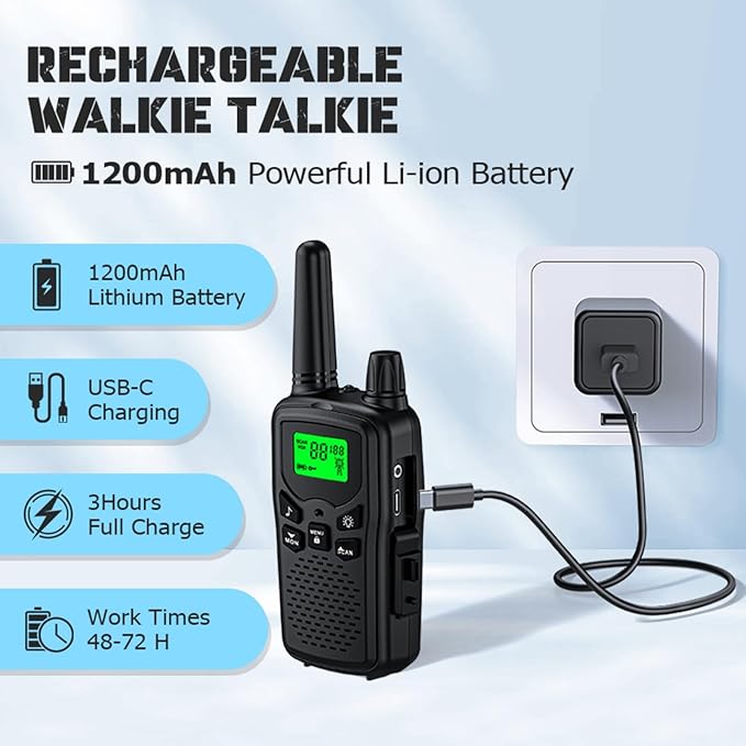 Walkie Talkie Long Range Walkie talkies with Rechargegable for Adults, 22 Channel FRS 2-Way Radios Walky Talky with LED Flashlight for Climbing, Camping Trip and Family Emergency Kit(2 Pack Black).