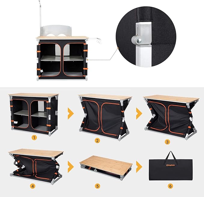 KingCamp Bamboo Camp Kitchen Station, Folding Overland Camping Kitchen Table Hooks Portable Outdoor Cooking with Adjustable Lantern Pole & Windshield Storage Organizer for Tailgating BBQ Picnic RV