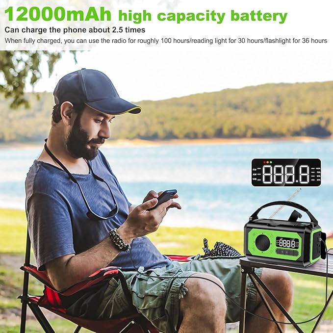 44400mWh/12000mAh Emergency Radio, Hand Crank Portable Solar Radio AM/FM/NOAA Weather Radio with 2 Solar Panels,3 Charging Methods,SOS Alarm,Flashlight,Phone Charger,Compass,Reading Lamp(Grass Green)