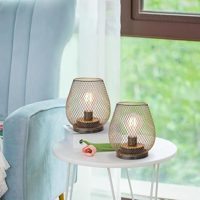 DECORKEY Set of 2 Battery Operated Lamp LED Table Lantern, Golden Metal Cage Cordless Lamps with LED Bulb,Vintage Decorative Outdoor Lantern for Weddings, Parties, Patio, Events for Indoor Shelf Decor