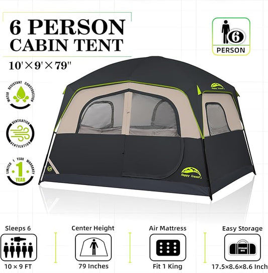 Happy Travel Tent 6 Person Tents for Camping, Waterproof Easy Setup Camping Tent with Rainfly, Portable Large Family Cabin Tent with 5 Large Mesh Windows and Carry Bag for Outdoor Camping & Hiking
