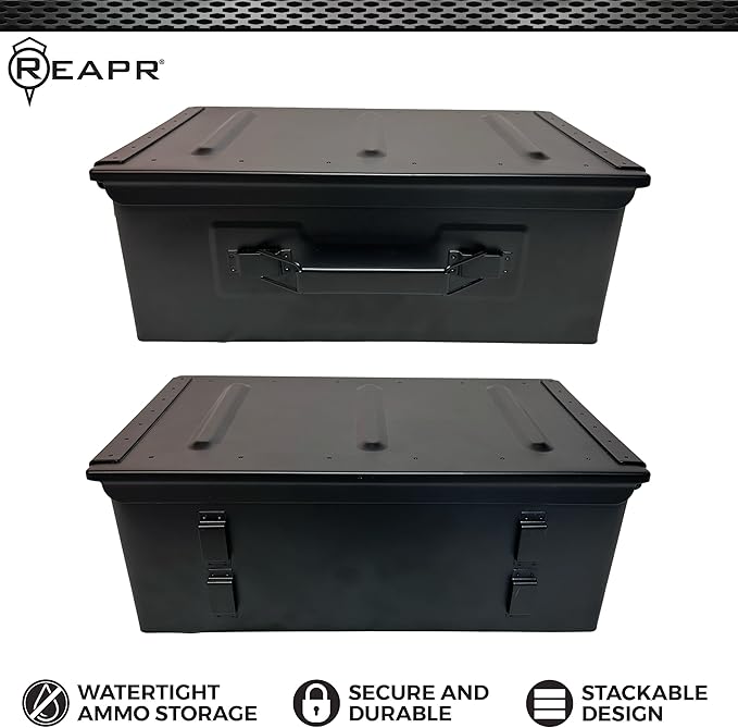 Reapr Steel Ammo Can, Heavy Duty Locking Metal Ammo Storage Box, Airtight and Watertight 30 Cal or 50 Cal Case for Rifle, Shotgun, Pistol, Military Footlocker Style Tool and Gear Organizer