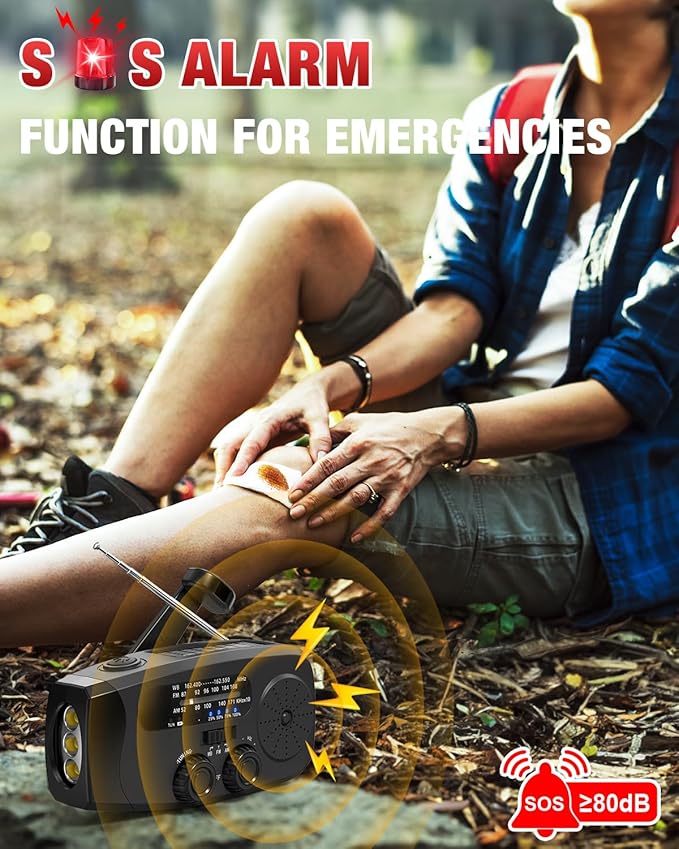 Emergency Hand Crank Radio Emgykit - 2000mAh/7400mWh AM/FM/NOAA Solar Hand Crank Emergency Radio with 3 LED Flashlights, SOS Function for Emergencies, Camping - Black