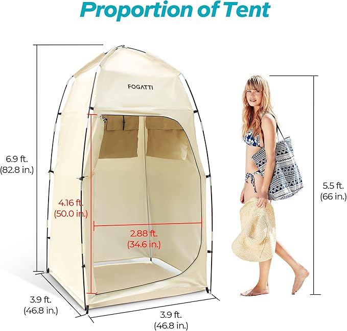 FOGATTI Portable Camping Shower Tent with Floor, 6.9 FT Extra Tall Shelter with 3 Internal Pockets and Carry Bag, Outdoor Privacy Tent for Shower Changing Dressing, Wind-Proof, Oversize, Easy Set Up
