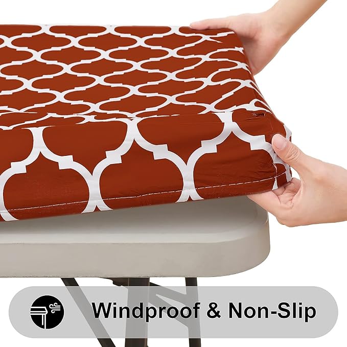Smiry Rectangle Picnic Table Cover, Waterproof Elastic Fitted Camping Tablecloths for 6 Foot Tables, Wipeable Flannel Backed Vinyl Tablecloth Protector for Indoor, Outdoor (Rust, 30x72 Inches)