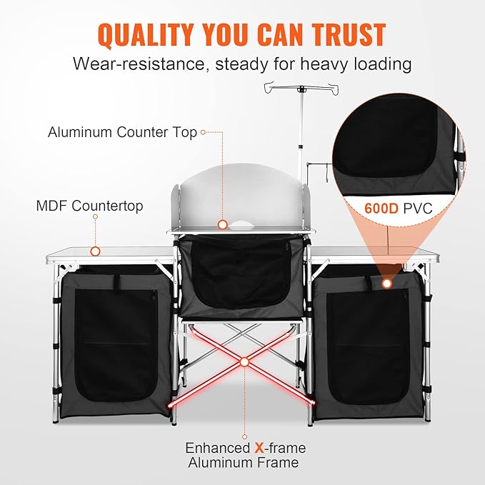 VBENLEM Camping Kitchen Table, Aluminum Portable Folding Camp Cook Table with Windshield, 3 Cupboard, Storage Organizer, Quick Installation for Outdoor Picnic Beach Party Cooking, Black