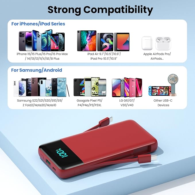 Portable Charger for iPhone with Built in Cables and Wall Plug,Upgraded 13800mAh Fast Charging USB C Power Bank,4 Outputs Travel Essential Battery Pack Compatible with iPhone 15/14/13/12,-Red