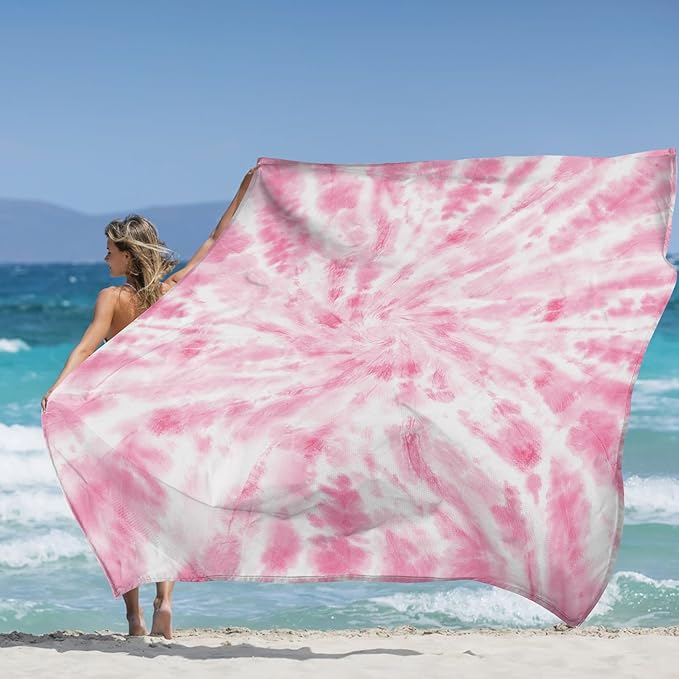 Large Beach Blanket Sandproof, Beach Mat Sand Free Waterproof, Pink Tie-Dye Picnic Blankets Lightweight Quick Drying & Compact, Polyester Outdoor Blanket Beach Essentials Must Have Accesorries