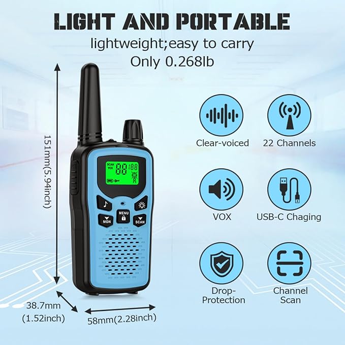 Walkie Talkie Long Range Walkie talkies with Rechargegable for Adults, 22 Channel FRS 2-Way Radios Walky Talky with LED Flashlight for Climbing, Camping Trip and Family Emergency Kit(2 Pack Blue).