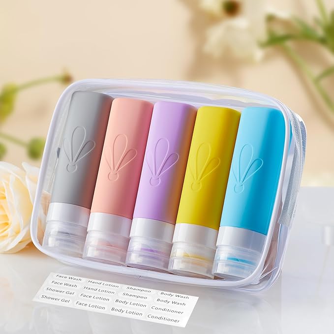 INSFIT Travel Bottles for Toiletries, TSA Approved 3oz Travel Size Containers, BPA Free Leak Proof Squeezable Silicone Tubes for Shampoo Conditioner Lotion Soap with Labels