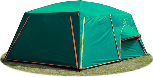 KTT Large Family Cabin Tent 10-12 Person,14.1X10X6.58ft,2 Rooms,3 Storage Pockets,2 Bay-Windows 3 Doors and 3 Windows with Mesh,Straight Wall,Waterproof,Double Layer,Big Tent for Outdoor,Camping