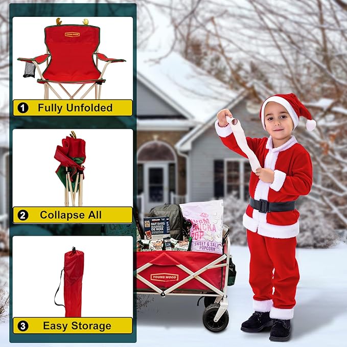 YOUNG WOOD Portable Camping Chair Beach Chair Outdoor Foldable Chair, Included Mesh Cup Holder & Safety Lock to Avoid Pinch Hand, Suitable for Christmas, Camp, Party, with Carrying Bag, Ages 2 to 7