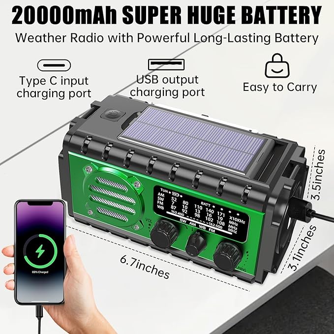 20000mah Emergency Radio, SW/NOAA/AM/FM Weather Radio, Solar Powered Hand Crank Chager with Bige Batery Powered,Portable,Cellphone Charge,SOS,Flashlight for Emergency/Home