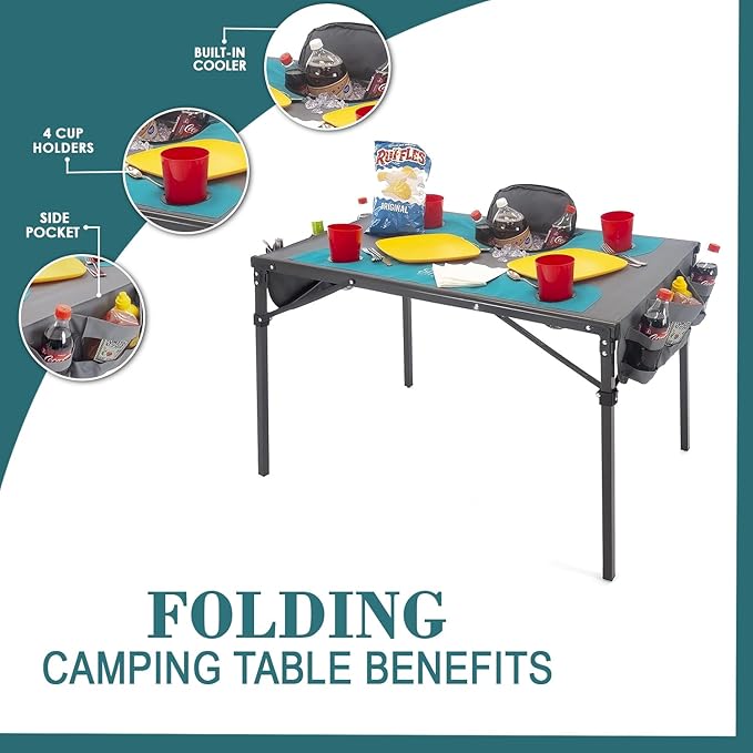 Creative Outdoors Folding Table with Built-in Cooler - Outdoor Portable Camping Table with 4 Cup Holders and Durable Steel Frame - Quality Material (Orange/Gray)