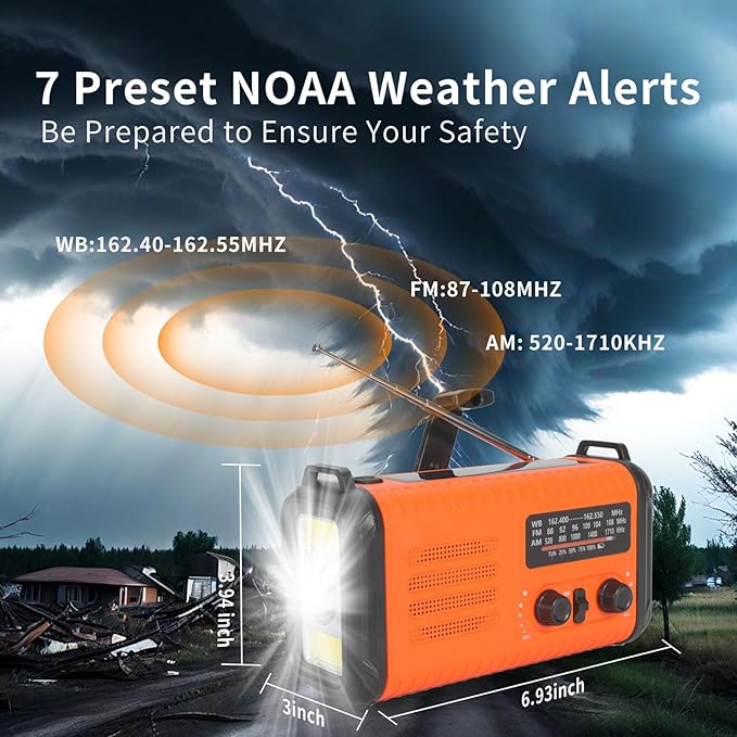 20000mAh/74000mWh Emergency Weather Radio, NOAA/AM/FM Solar Hand Crank Radio, USB/Solar/Hand Crank Charging, Battery Powered Radio with SOS Alarm & Flashlight for Camping/Emergencies (Orange)