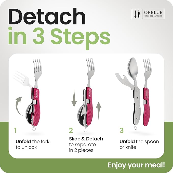 Orblue 4-in-1 Camping Eating Utensils, 2-Pack - Portable Spoon, Fork, Knife & Bottle Opener Combo Set - Stainless Steel Flatware with Detachable Fork - Travel, Backpacking Cutlery Multitool, Hot Pink