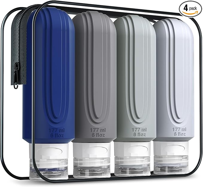 Travel Bottles for Toiletries, Large 6oz Oversize Containers, BPA Free Leak Proof Tubs Refillable Liquid Travel Accessories with Toiletry Bag for Cometic Shampoo and Lotion Soap (4 Pack)