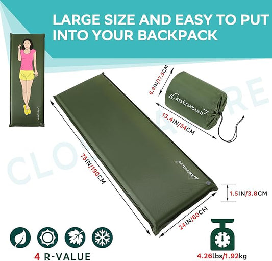 Clostnature Self-Inflating Sleeping Pad - 1.5/2/3 Inch Lightweight Mat for Camping, Backpacking - Compact Ultralight Foam Air Mattress for Tent, Hammock