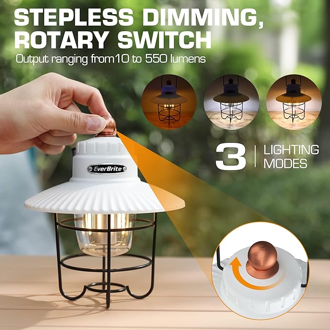 EverBrite LED Camping Lantern, USB C Rechargeable Lantern with 3 Light Modes, Vintage Outdoor Lanterns with Power Bank Function for Power Outages, Hurricane, Emergency, Fishing