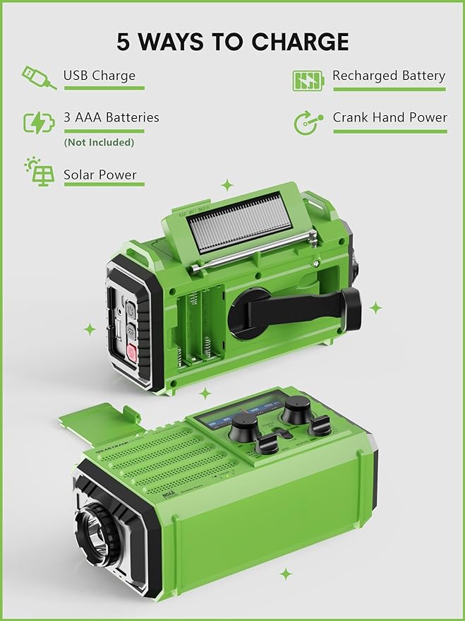 Raynic Weather Radio, 5000mAh/18500mWh Solar Hand Crank Emergency Radio, Battery Powered AM/FM/SW/NOAA Weather Alert Radio with Flashlight, Cell Phone Charger and SOS Siren for Power Outages (Green)