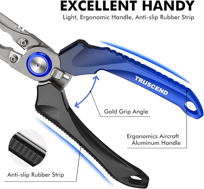 TRUSCEND Lockable Handy Fishing Pliers with Innovative Ergonomic Handle, Saltwater Corrosion Resistant Teflon Coated Fishing Tool, Multi-Function Fishing Gear with Mo-V Cutter