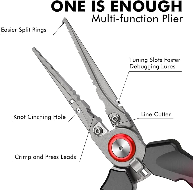 TRUSCEND Lockable Handy Fishing Pliers with Innovative Ergonomic Handle, Saltwater Corrosion Resistant Teflon Coated Fishing Tool, Multi-Function Fishing Gear with Mo-V Cutter
