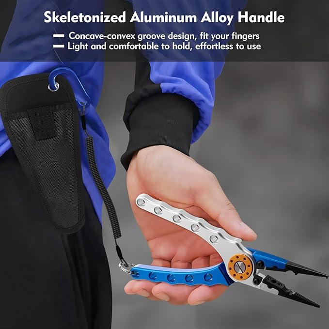 Multifunction Fishing Pliers, Corrosion Resistant Fishing Pliers Saltwater, Aluminum Split Ring, Hook Remover with Sheath and Coiled Lanyard