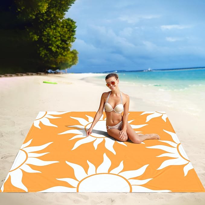 Large Beach Blanket Waterproof Sandproof, 78''×86'' Beach Mat Sand Free for 2-4 Adult with Stakes and Pocket, Foldable Picnic Blankets for Outdoor, Camping Hiking, Vacation Essentials-Boho Sun Rise