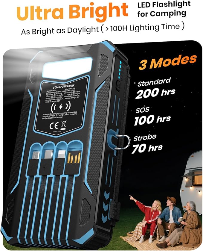 SOARAISE Solar Charger Power Bank - 48000mAh Wireless Portable Charger Built-in 4 Cables and 4 Solar Panels, PD QC 3.0 Fast Charging USB C Battery Pack with Flashlight for Camping Travel (Blue)