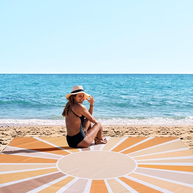 Beach Blanket Waterproof Sandproof, 10'X 9' Extra Large Oversized Beach Mat for 2-8 Adult, Quick Drying Lightweight & Compact Polyester Picnic Blankets for Outdoor, Travel, Camping, Hiking-Boho Sun