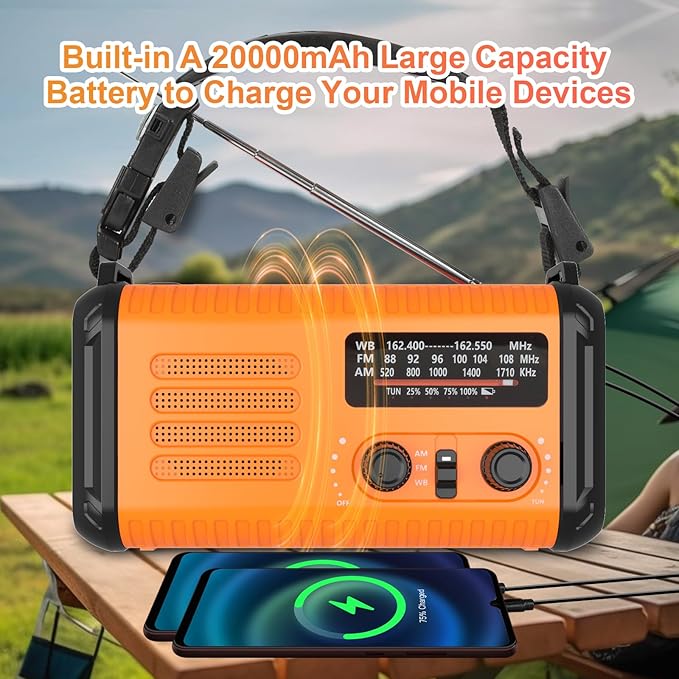 Emergency Crank Radio, Solar Hand Crank Weather Radio with AM/FM/NOAA, Survival Radios Battery Operated Flashlight Cell Phone Charger, Reading Lamp, Headphone Jack, Compass, SOS Alarm Home & Outdoor