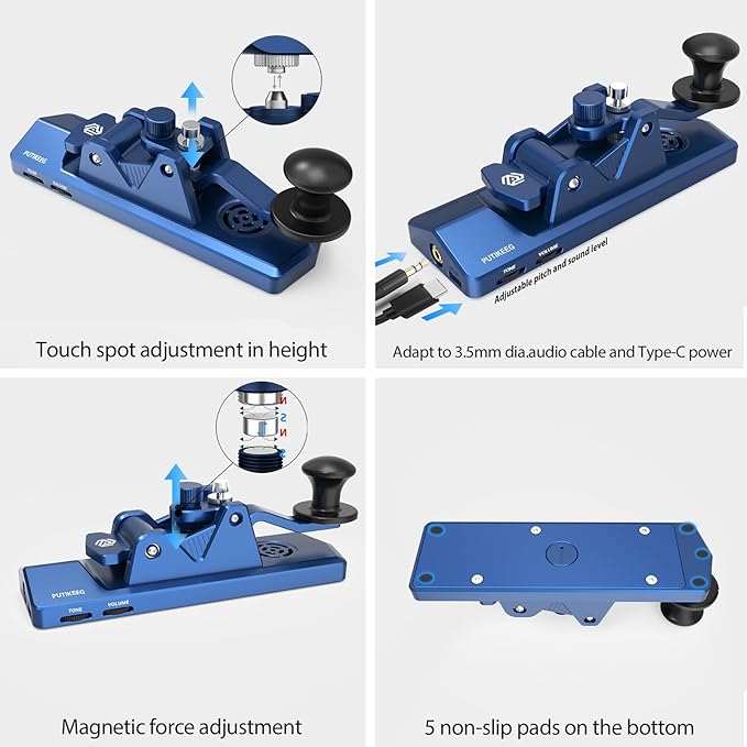 BlueKey Mini CW Key Morse Radio HAM Big Double Paddle Morse Code Key Aluminum Alloy Body with Speaker Base Blue