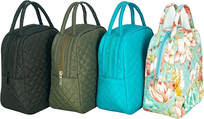 Machine Washable Women Quilted Fabric Insulated Reusable Cooler Lunch Bag Tote Adult Thermal Lunch Box Storage Bag for Work (Black)