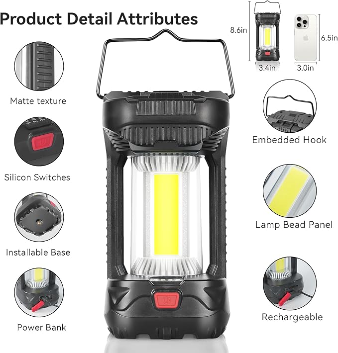 AlpsWolf 1000 Lumens Rechargeable Camping Lantern - 4000mAh Phone Charger, IPX4 Waterproof, 4 Light Modes & SOS Strobe, LED Flashlight Lantern for Camping, Power Outage, Emergencies (2 Pack-Black)