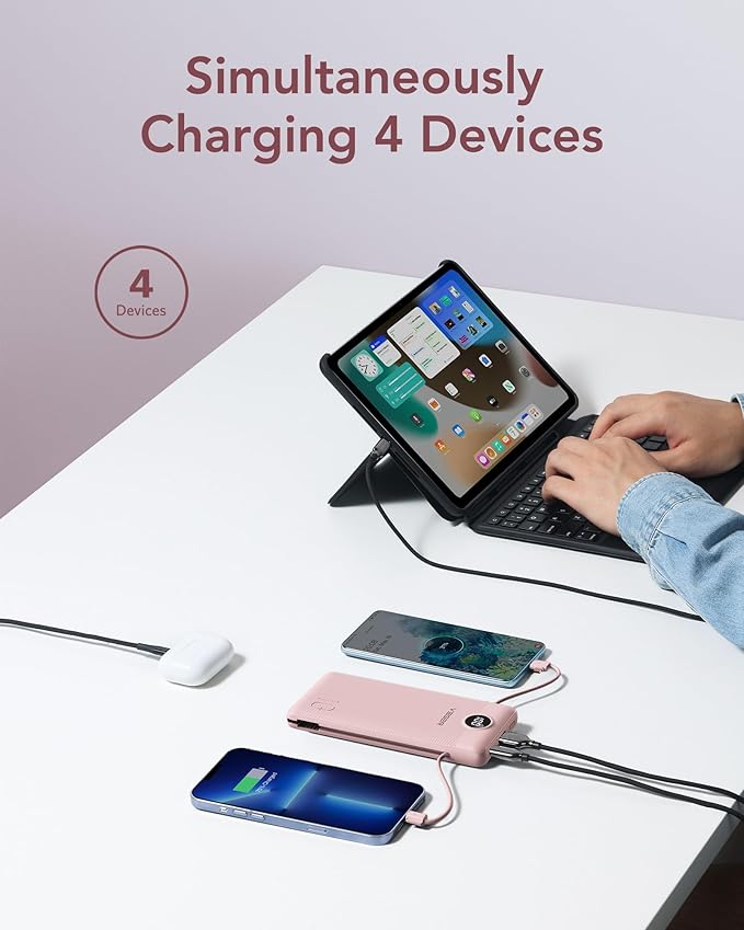 VEGER Portable Charger with Built-in AC Plug and Cables, All in One 10000mAh Ultra-Slim Power Bank, 15W Fast Charging for iPhone, Samsung, Android, Travel Essential (Crepe)