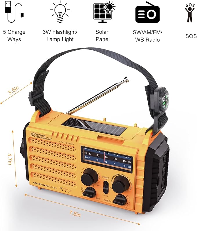 Raynic Weather Radio, 5000mAh/18500mWh NOAA Weather Radio, Solar Hand Crank Emergency Radio with AM/FM/SW/NOAA Weather Alert, Flashlight, Reading Lamp, Cell Phone Charger and SOS Siren