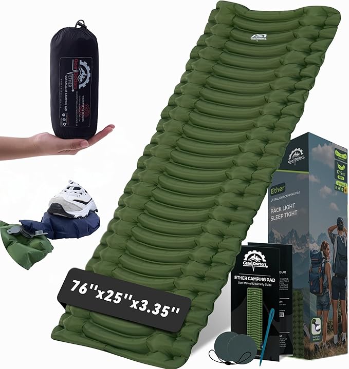 GearDoctorsยฎ Ether Ultralight Sleeping Pad 17.5oz โ Compact Camping Air Mattress โ Inflatable Sleeping Mat for Backpacking, Hiking, Tent, Outdoor Travel