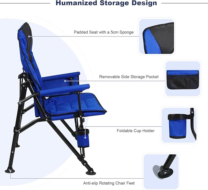 Outdoor Folding Camping Chair Heavy Duty Movable High Back Collapsible Padded Chair with Storage Bag for Outside Camping Activities, Blue