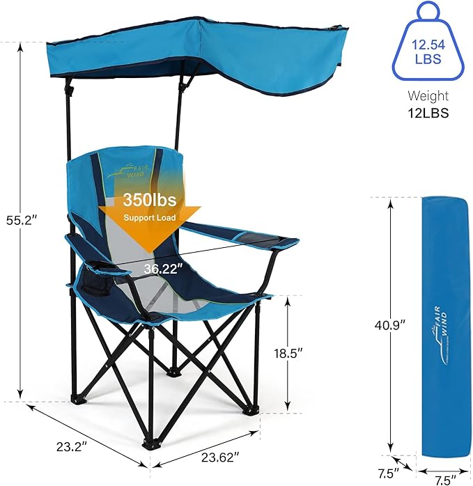 FAIR WIND Oversized Adjustable Canopy Chair for Camping, Beach, Tailgate, Fishing&Concert, Sun Shade Folding Chair - Comfortable&Stable Supports 350 LB, Eco-Friendly