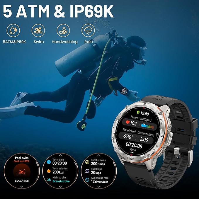 KOSPET Tank T3 Ultra Smart Watch GPS for Men, 5ATM Waterproof, Pressure&Altitude&Compass, Extra-Large Battery, Full Metal Body Rugged Military Smartwatch Bluetooth Calling-1.43” AMOLED Display