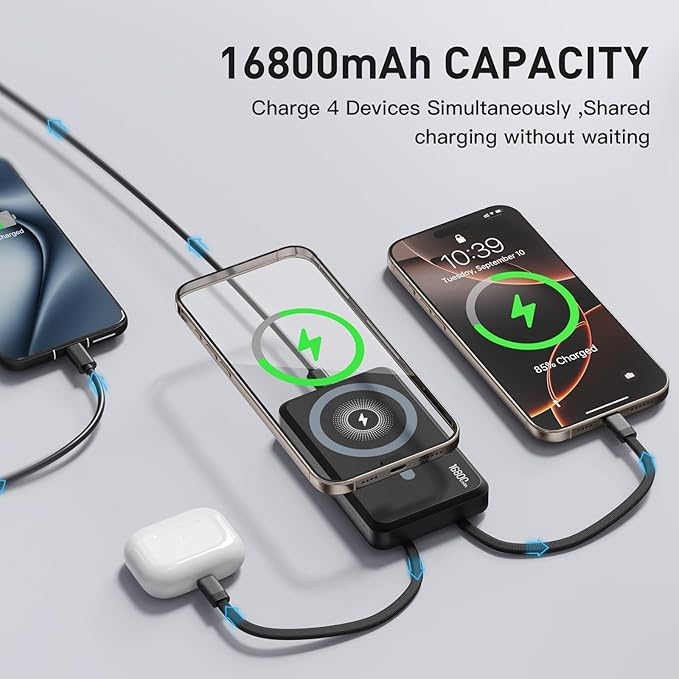 2025 Magnetic Wireless Power Bank, 16800mAh Portable Charger with 2 Built in Cables, LED Display Magnetic Battery Pack Travel Essentials for iPhone 16/15/14/13/12/Pro/Mini/Pro Max Andriod-White