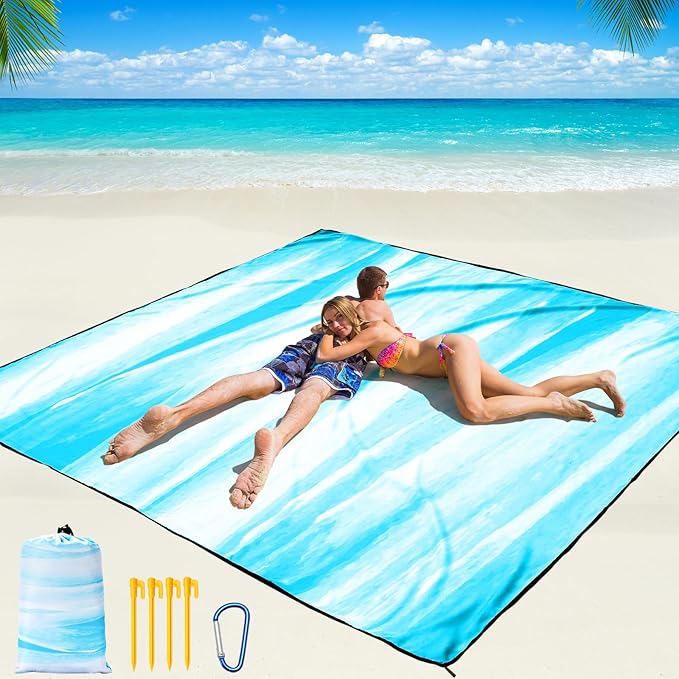 Beach Blanket Waterproof Sandproof Beach Mat 79βx 83β for 1-4 Adults Quick Drying Durable Outdoor Picnic Mat for Beach Festival Travel Camping Hiking (TINTING-BL&W, 79"Γ83"(4 Person))