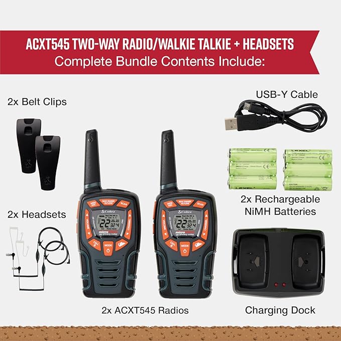 Cobra ACXT545 Weather Resistant Walkie Talkies for Adults with Compatible Cobra Surveillance Headset Microphone: Rechargeable, 22 Channels, Long Range, 2 Two-Way Radio’s, 2 Headsets, Black/Orange