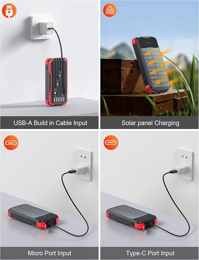 Solar Charger Power Bank, PD 20W Fast Charging External Batter, 40000mAh Portable Phone Charger Built in 4 Cables with Dual Bright Flashlights for Camping, Hiking, and Outdoor Use(RED)